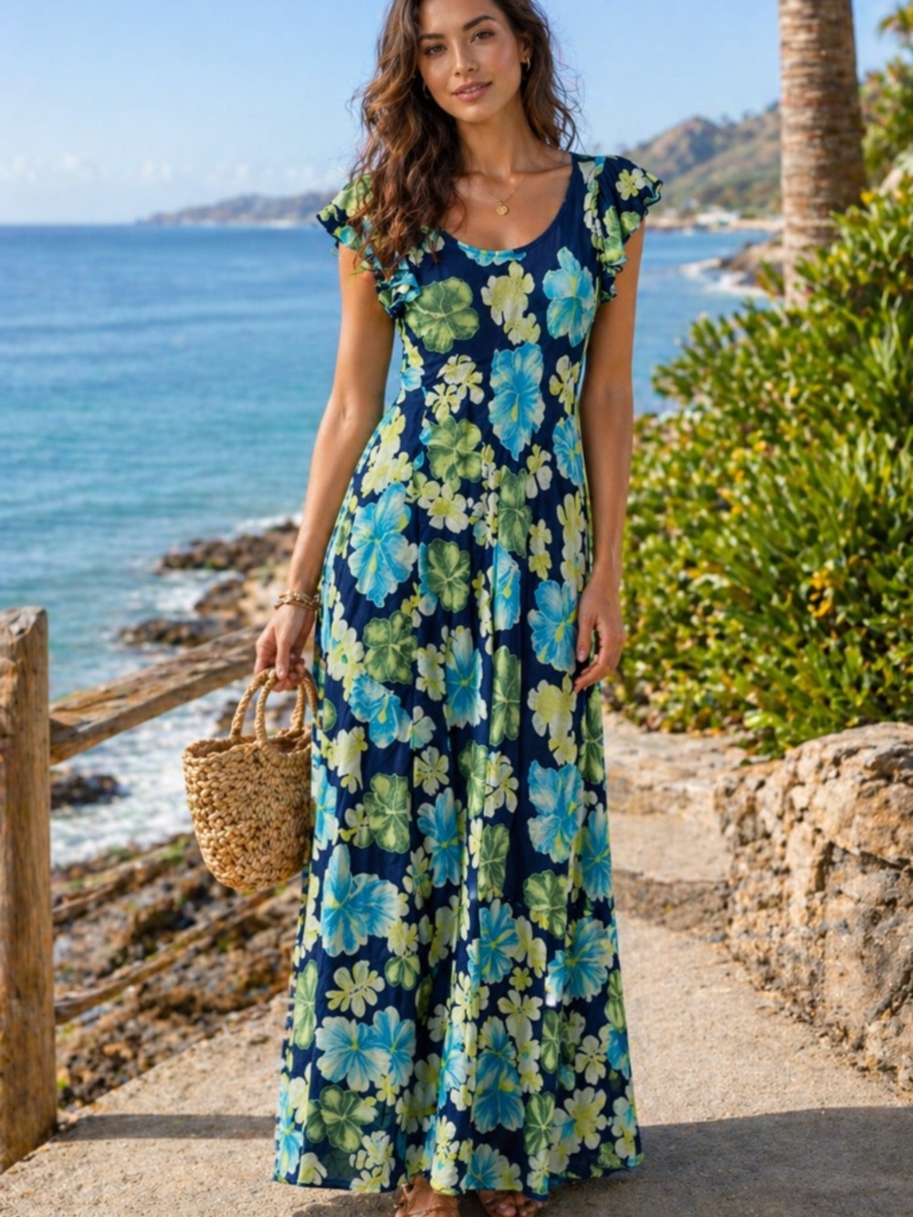 VTG Hilo Hattie Hawaiian maxi dress S silk ruffle coastal cottage core preppy